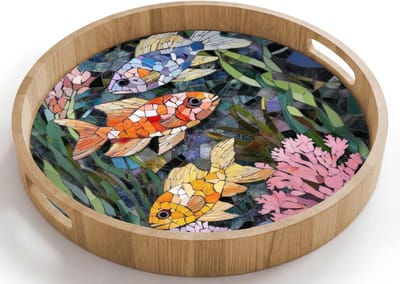 Dienblad rond 40x40 cm - Schootdienblad hout - Vissen - Koraal - Zee - Mozaïek - Borrelplank rechthoek - Plateau houten dienbladen