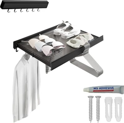 Wandgemonteerde waslijn, opvouwbare waslijn met intrekbaar droogrek voor terras, slaapkamer, keuken, compact aluminium. 44x4,7x2,2cm