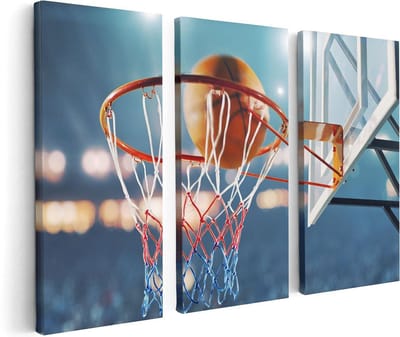 Artaza Canvas Schilderij Drieluik Basketbal in Ring - Hoepel - Bord - 120x80 - Foto Op Canvas - Canvas Print