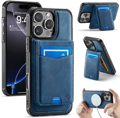 Casemania Hoesje Geschikt voor Apple iPhone 16 Pro Max - Navy Blue - Geschikt voor MagSafe - Back Cover met Afneembare Magnetische Pasjeshouder met Standaard - Telefoonhoesje en Kaarthouder