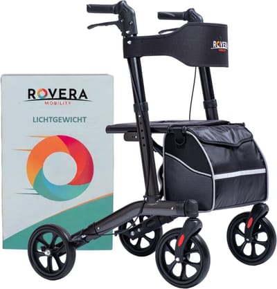 Rovera Mobility® Easy Rollator - Lichtgewicht en Makkelijk Opvouwbaar – Extra Zachte Zitting & Rugleuning – Ergonomische Handvatten – Incl. Luxe Tas & Wandelstokhouder– Geschikt voor Binnen & Buiten – Antraciet