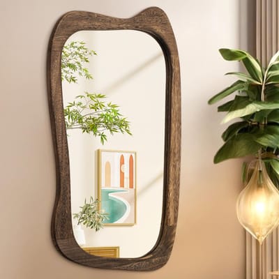 Dailygoods- Wandspiegel Grote Houten Lijsten - Asymmetrische Spiegel - Vintage Design - 70x40cm - Veiligheidswaarschuwing - HD-glas