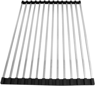 Dit afdruiprek van 45 cm (17,72 inch) is gemaakt van 304 roestvrij staal met antislip siliconen randen voor snelle afvoer van vuil. Dankzij het opvouwbare ontwerp bespaart het ruimte en is het geschikt voor keukens in huis en campers.