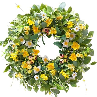 Kunstmatige Lente en Zomerkrans voor Voordeur - 60 cm Bloemenkrans met Groene Bladeren en Narcissen