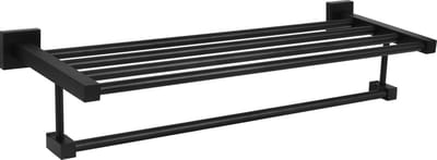 QUVIO Handdoekrek - Met 1 stang + 1 plank - Handdoekenrek - Handdoekhouder - Theedoekhouder - Voor aan de wand - Met extra plank voor accessoires - Met schroeven - Zwart - Aluminium - 20,5 x 61 x 13 cm