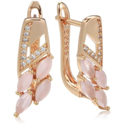 Boucles d'oreilles pendantes tendance en zircon naturel rose pour femmes Or rose Boucles d'oreilles géométriques inhabituelles Bijoux de mariage de luxe pour mariée beige