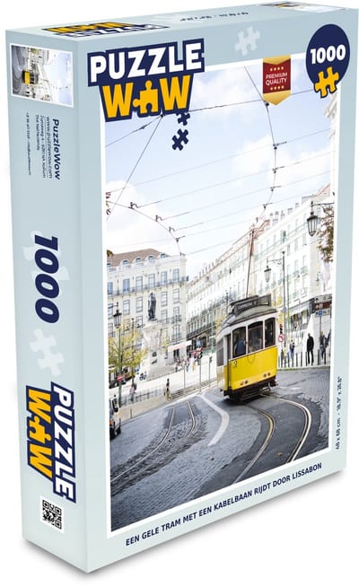 Puzzel Een gele tram met een kabelbaan rijdt door Lissabon - Legpuzzel - Puzzel 1000 stukjes volwassenen