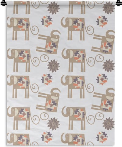 Wandkleed - Wanddoek - Bloemen - Olifant - Patroon - 150x200 cm - Wandtapijt