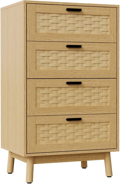 Ladekast 4 Lades – Rotan Dressoir – 95 cm Hoog – Geschikt voor woonkamers, slaapkamers – Natuurlijke houtkleur0-55x40x95cm