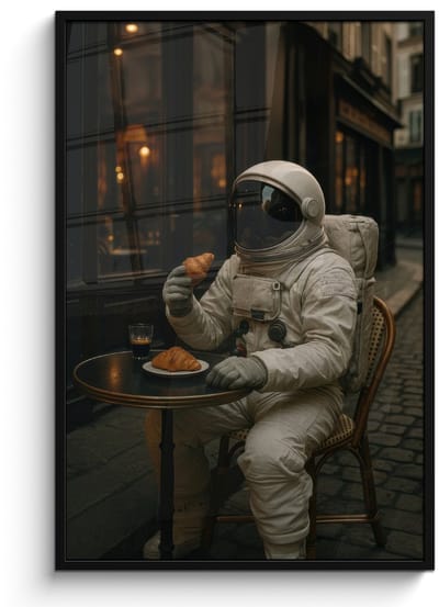 Poster in lijst - Fotolijst 80x120 cm - Posters - Café - Croissant - Koffie - Astronaut - Posterlijst zwart - Decoratie - Wanddecoratie woonkamer - Muurdecoratie slaapkamer