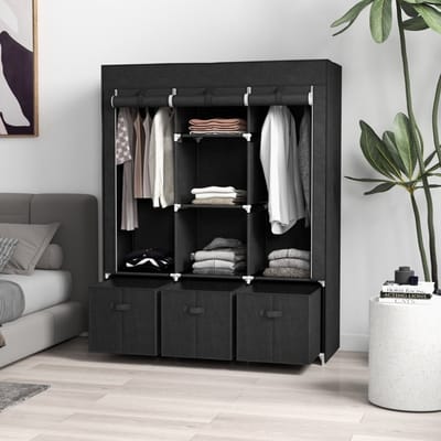HAUSS SPOLE Kledingkast - Opvouwbare Stoffen Kast Met 3 Laden En 2 Hangroedes - Voor Slaapkamer Of Berging - Staal - 125x43x162,5 Cm - Zwart