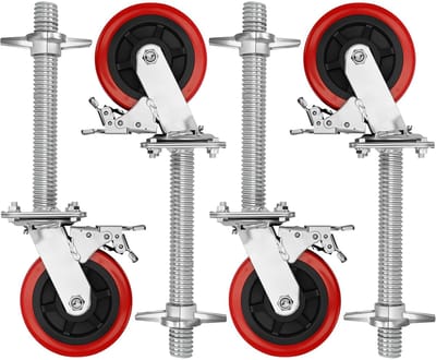6 inch Steigerwielen set (4 stuks) met stalen spindel, steigerwielen 150 mm, steigerspindel Ø 30 mm, zwenkwiel 500 kg voor steiger en rolsteiger
