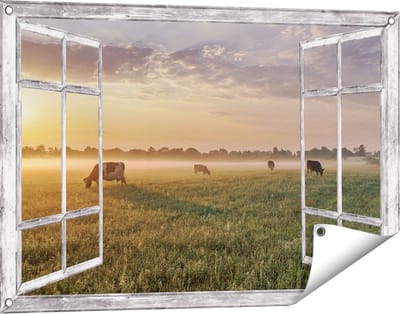 Gards Tuinposter Doorkijk Koeien in de Wei tijdens Zonsopkomst - 90x60 cm - Tuindoek - Tuindecoratie - Wanddecoratie buiten - Tuinschilderij