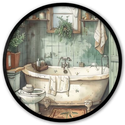 Poster in lijst Rond - Fotolijst 40x40 cm - Posters - Vintage - Badkuip - Badkamer - Illustratie - Ronde posterlijst zwart - Decoratie - Wanddecoratie woonkamer - Muurdecoratie slaapkamer