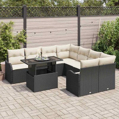 vidaXL Tuinbank Set met kussen met kussen 9 pcs Zwart Polyrattan