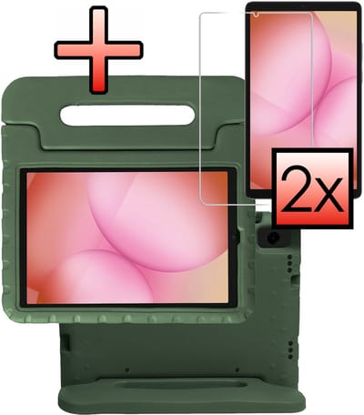 Hoes - Geschikt voor Samsung Galaxy Tab A11 - Met 2x Screenprotector - Kinderhoes Shockproof Bumper - Kidsproof Case - Tablet Hoesje - Kinder Cover - Donkergroen