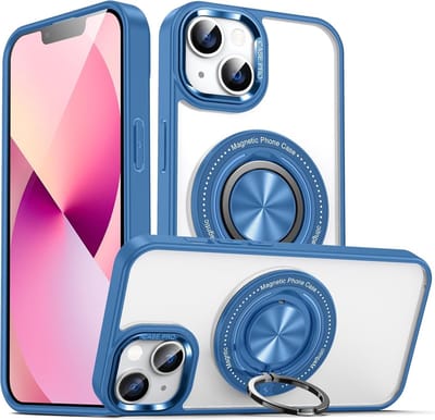 Magsafe Hoesje Geschikt voor iPhone 14 Plus hoesje Transparant Blauw - Met Ring houder iPhone 14 Plus Telefoonstandaard