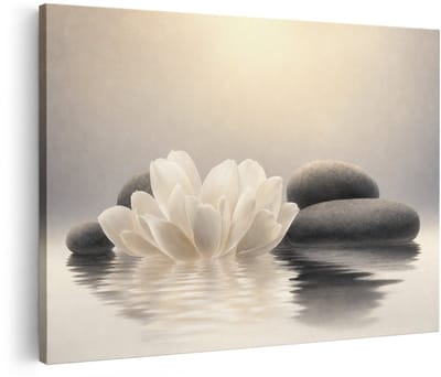 Artaza Canvas Schilderij Lotusbloem Met Stenen - Zen In Wit En Grijs - 60x40 cm - Wanddecoratie Woonkamer - Schilderijen - Muurdecoratie