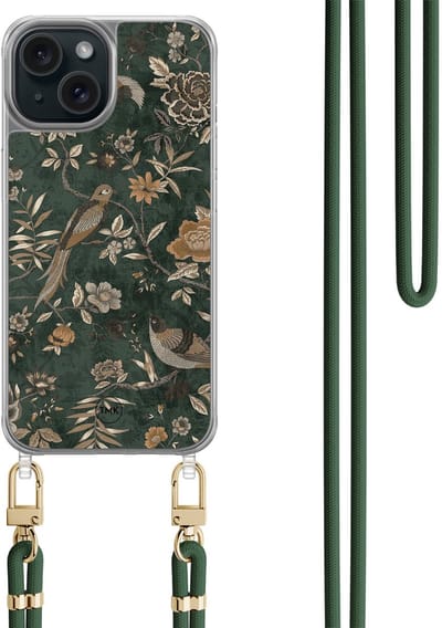 Casevibes - Telefoonhoesje met koord - Geschikt voor Apple iPhone 15 - Khaki golden flowers - Groen - Vogel