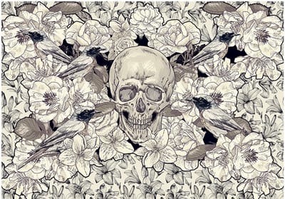 Fotobehangkoning - Behang - Vliesbehang - Fotobehang Schedel en Bloemen - Skull - Inspired by art nouveau - 150 x 105 cm