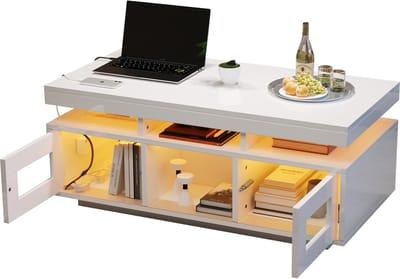 MODFU Salontafel 100 × 50 × 43 cm van witte spanplaat met hoogglans, LED-app, stopcontact en opbergruimte