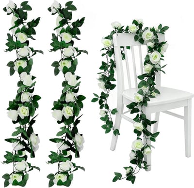 SnelShoppen - 2 Pack Kunstbloemen Slinger Witte Rozen Klimop Hangen Decoratie voor Bruiloft Tuin Feest