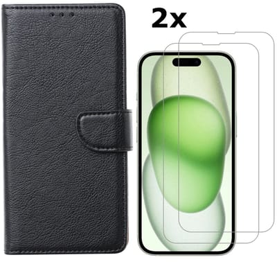 Hoesje Geschikt voor iPhone 15 hoesje bookcase met 2x screenprotector – Zwart