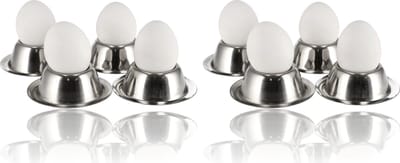 Eierdopjes RVS set van 8 - Stapelbare zilveren eierdopjes met voetjes - rond servies voor ontbijt en pasen - diameter 8,5cm, hoogte 3,5cm
