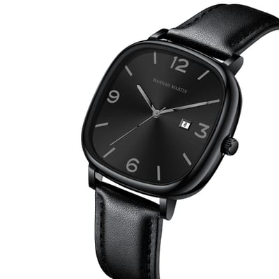 HANNAH MARTIN horloge met zwarte lederen polsband, zwarte wijzerplaat, zwarte horlogekast en donkergrijze wijzers voor heren met stijl ( model 1412 HH )