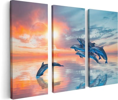 Artaza Canvas Schilderij Drieluik Groep Dolfijnen Springen uit het Water - 120x80 - Foto Op Canvas - Canvas Print