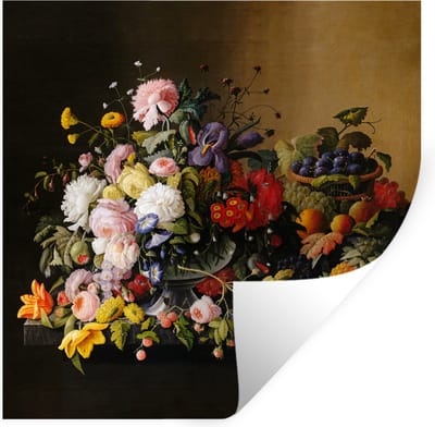 Muurstickers - Sticker Folie - Stilleven met bloemen en fruit - Kunstwerk - Oude meesters - 100x100 cm - Plakfolie - Muurstickers Kinderkamer - Zelfklevend Behang XXL - Zelfklevend behangpapier - Stickerfolie