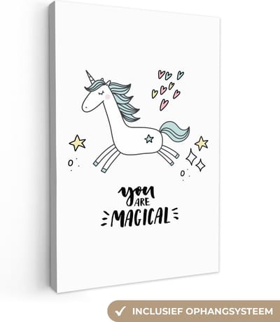Schilderij voor kinderen - Wanddecoratie meisjes - Unicorn - Quotes - You are magical - Meisje - Kinderen - Kinderkamer decoratie - Canvas doek kids - 20x30 cm
