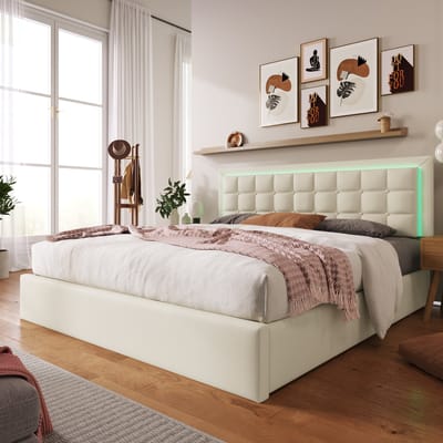 VVBV Gestoffeerd Opbergbed 160x200 cm - LED-Verlichting, Hydraulische Opbergruimte, Opbergruimte - PU-Leer Wit Zonder Matras