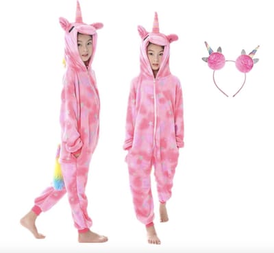 Joya Kids® Eenhoorn Onesie | Unicorn roze huispak | Verkleed kostuum kinderen | verkleedkleding jurk | Maat 98/104 (100) + Haarband | Cadeau meisje