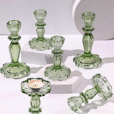 Set van 6 Glazen Kaarshouders Groen - Kaarsenstandaards voor Taper en Pillar Kaarsen - Tafeldecoratie