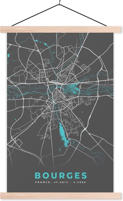 Posterhanger incl. Poster 40x60 cm - Schoolplaat - Bourges - Frankrijk - Stadskaart - Kaart - Plattegrond - Textielposter - Blanke latten - Stadskaart