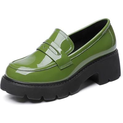 Hoge kwaliteit echt leren damesschoenen, lakleren loafers, dikke zool, casual schoenen, lente-herfst, platte schoenen, platformschoenen 42 groen