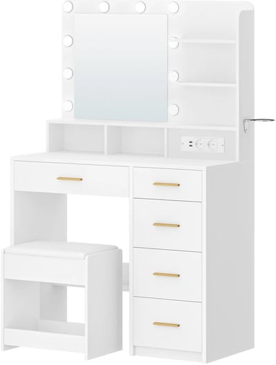 Norvia Kaptafel met spiegel, kruk, verlichting en 5 lades - Make up tafel - Open vakken - Modern design - 90 x 40 x 139 cm