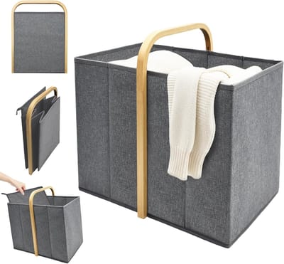 Vouwbare Wasmand met Handvatten van Stof en Bamboe, Ideale Wasmand voor Slaapkamer en Badkamer, 42 Liter Capaciteit