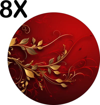 Luxe Ronde Placemat - Goud met Rode Plant op Rode Achtergrond - Set van 8 Placemats - 50x50 cm - 2 mm dik Vinyl - Anti Slip - Afneembaar