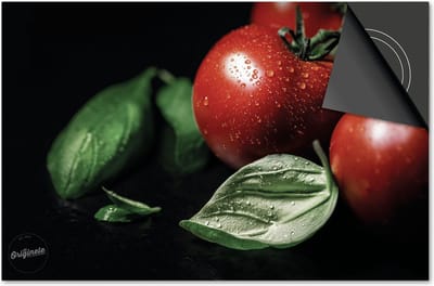 Inductie beschermer 60x60 - afdekplaat inductie mat - Dietrix Kookplaat beschermer - Exclusief - Groente en Fruit - Tomaten en basilicum op zwart