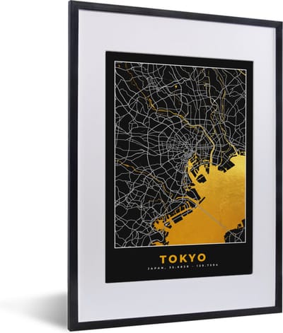 Fotolijst incl. Poster - Tokyo - Stadskaart - Goud - Plattegrond - Kaart - 30x40 cm - Posterlijst