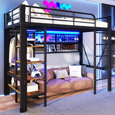 Wishdor Hoogslaper - 90 x 200 cm - Met LED-Lichtstrip - Opbergvak en Hangnet - Kledingstang en Droogrek - Metaal en MDF - Zwart - Multifunctioneel Ruimtewonder