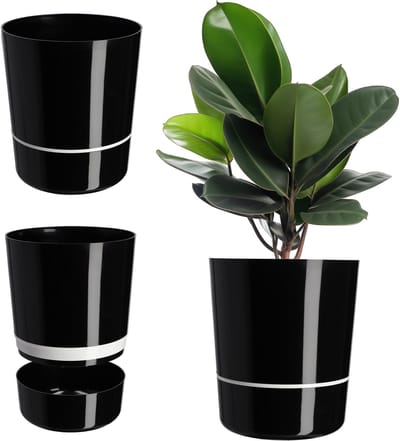 KADAX Bloempot, ronde plantenbak, tweedelige plantenpot voor bloemen en planten, balkon, moderne kunststof bloempot voor binnen en buiten, glanzend (29 cm, zwart)