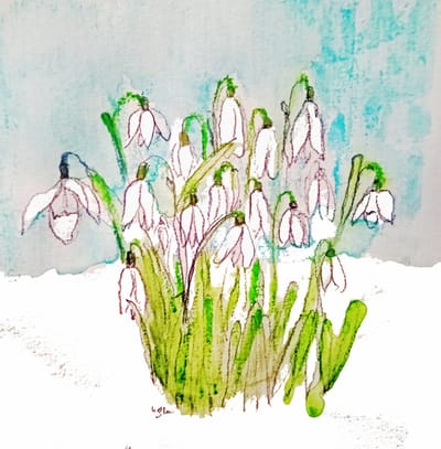 kittyblum- wenskaarten - 9 stuks - eco kaarten -sneeuwklokjes - handgeschilderd, winter -lente - dubbele kaarten met enveloppen -