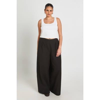 boohoo Dames Plus Linnen-look Plisse Wijde Pijpenbroek | Zwart | Maat: 44