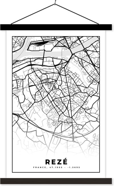 Posterhanger incl. Poster 40x60 cm - Schoolplaat - Rezé - Stadskaart - Plattegrond - Kaart - Frankrijk - Zwart wit - Textielposter - Zwarte latten - Stadskaart