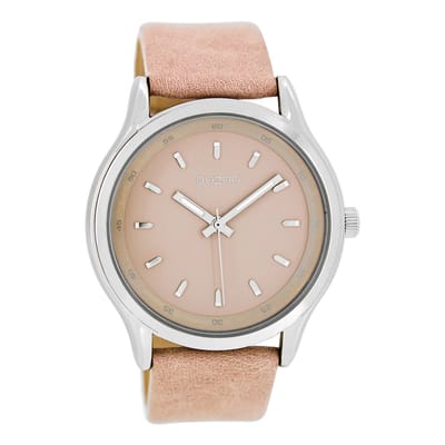OOZOO Timepieces - Zilverkleurige horloge met roze leren band - C7436
