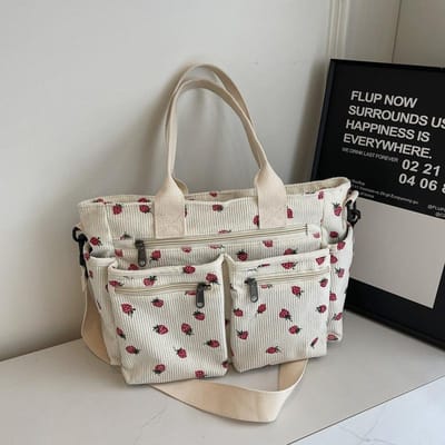 Sac Tote en Velours Côtelé Imprimé Cerises Sac Bandoulière Polyvalent pour Femmes Fraise Sac Maman Grande Capacité gray