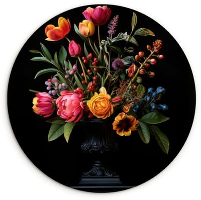 WallCircle® Wandcirkel 120x120 cm - Muurcirkel Tulpen - Bessen - Boeket - Vaas - Muurdecoratie woonkamer - Wanddecoratie slaapkamer - Kamer decoratie accessoires - Ronde schilderijen XXL
